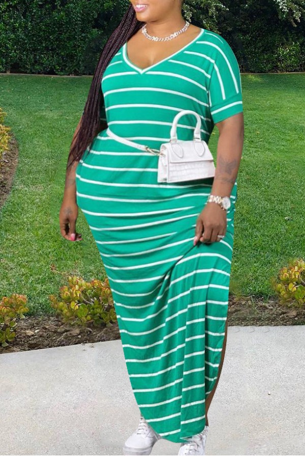 

Lovely Leisure V Neck Striped Green Maxi Plus Size Dress