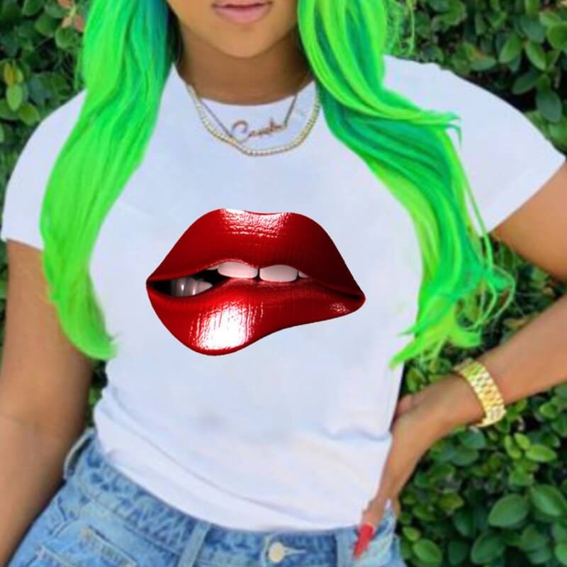 

Lovely Casual O Neck Lip Print Rose Plus Size T-shirt