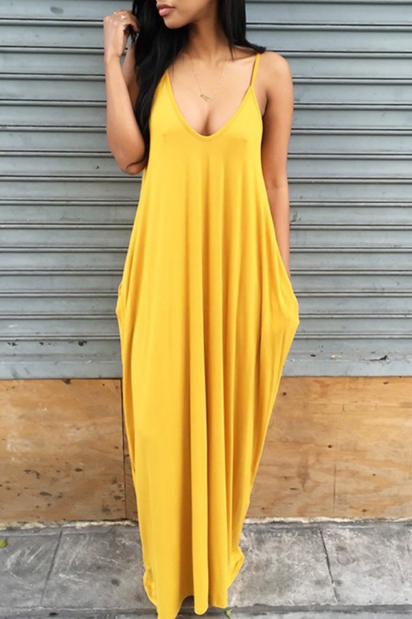 

Lovely Leisure Pocket Patched Yellow Maxi Dress