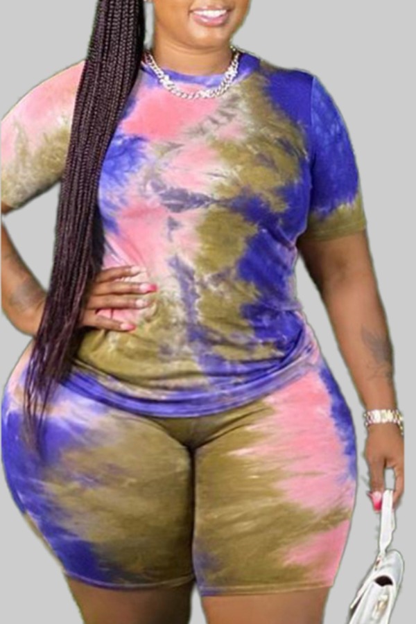 

lovely Leisure O Neck Tie-dye Pink Plus Size Two-piece Shorts Set