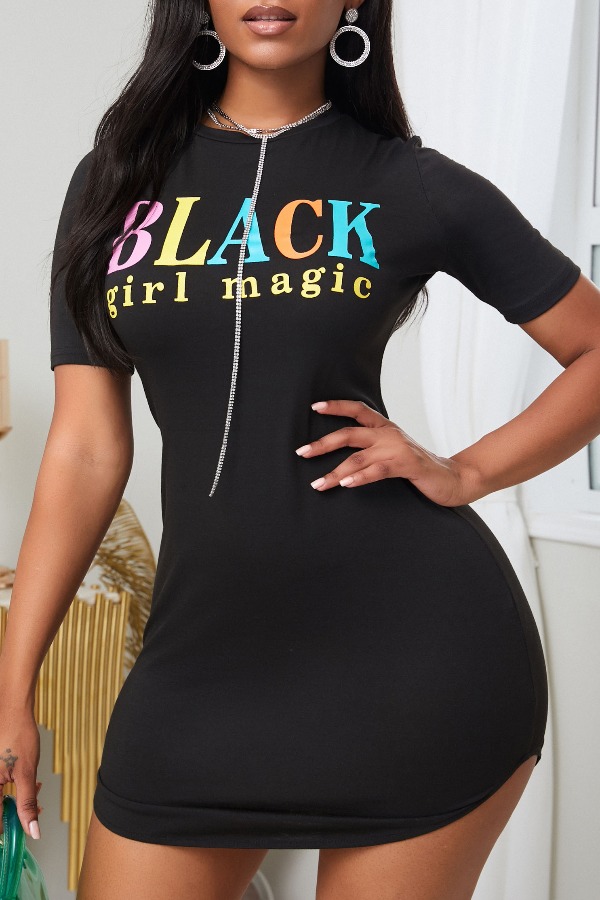 

lovely Leisure O Neck Letter Print Black Mini Dress