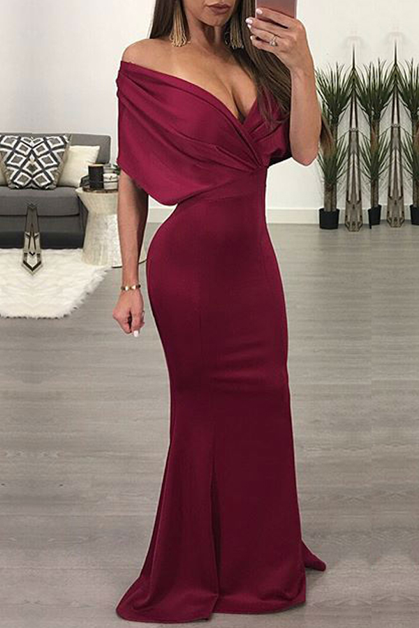 

lovely Elegant V Neck Fold Design Red Maxi Dress