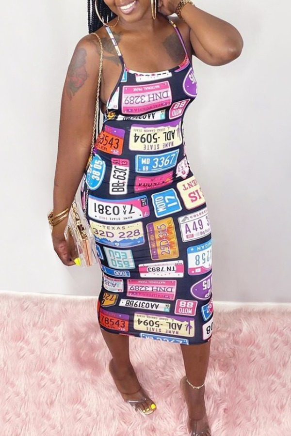 

lovely Street Letter Print Multicolor Mid Calf Dress, Multi