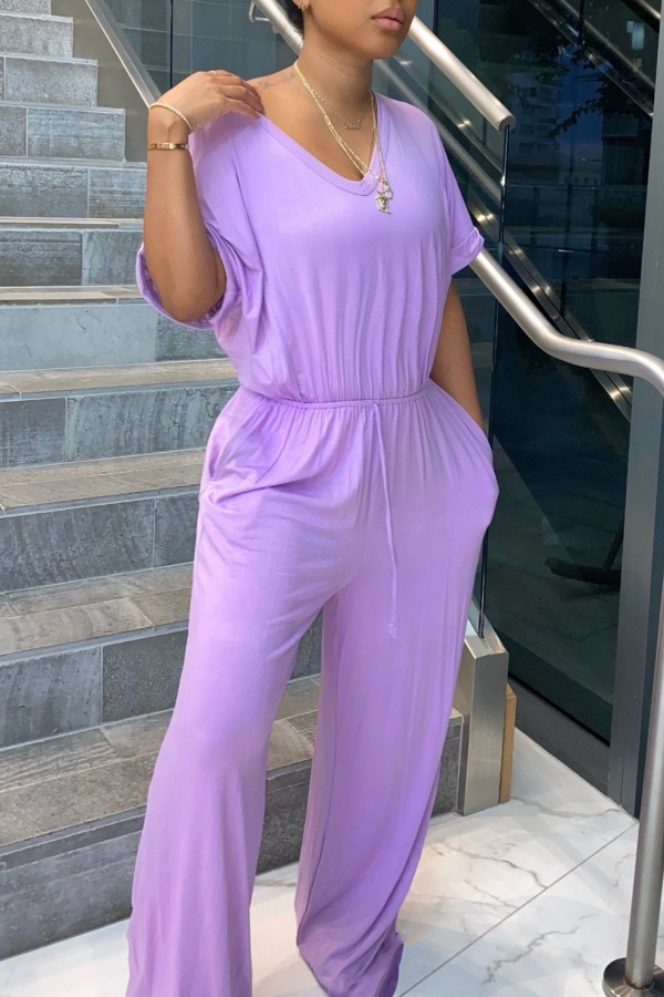 

lovely Leisure V Neck Lace-up Purple One-piece Jumpsuit