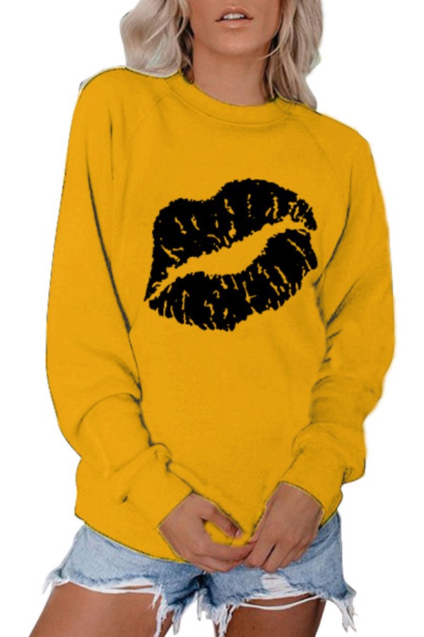 

lovely Sportswear Lip Print Yellow Plus Size Hoodie