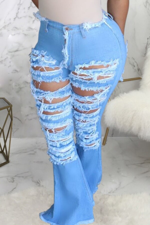 

LW Plus Size Casual Broken Holes Blue Jeans