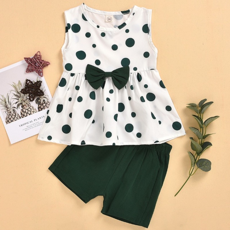 

lovely Casual O Neck Dot Print Green Girl Two-piece Shorts Set