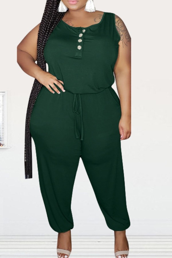 

lovely Leisure Buttons Design Blackish Green Plus Size One-piece Jumpsuit, Black green
