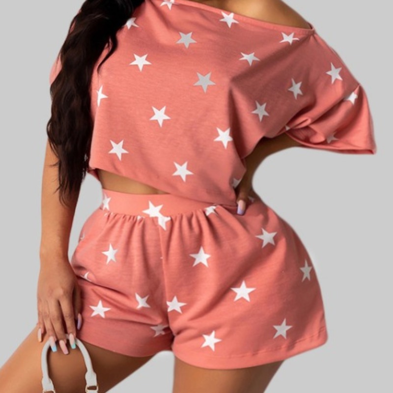 

lovely Leisure O Neck Pentagram Print Pink Plus Size Two-piece Shorts Set