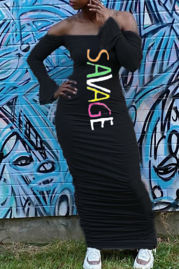 

lovely Casual Dew Shoulder Letter Print Black Maxi Dress