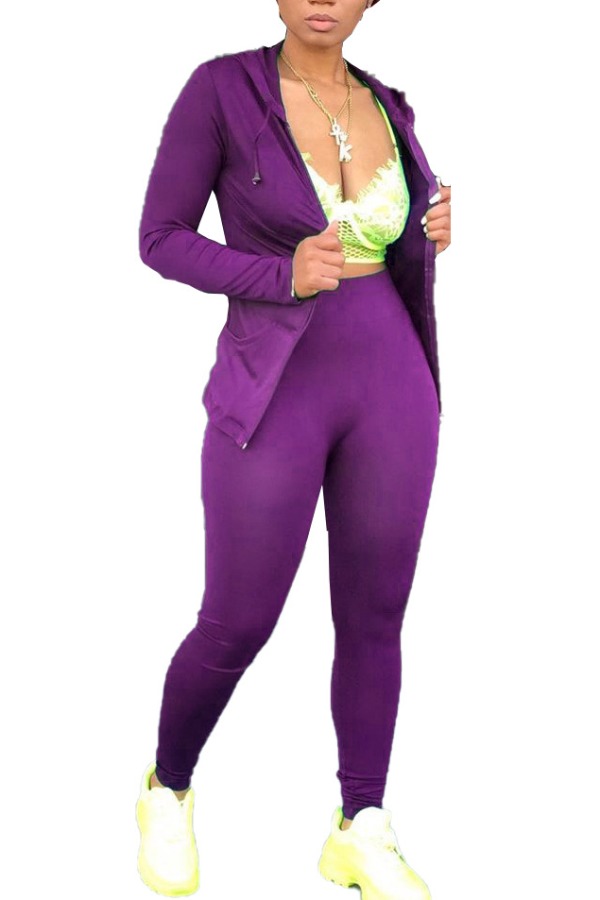 

lovely Sportswear Zipper Design Purple Two-piece Pants Set
