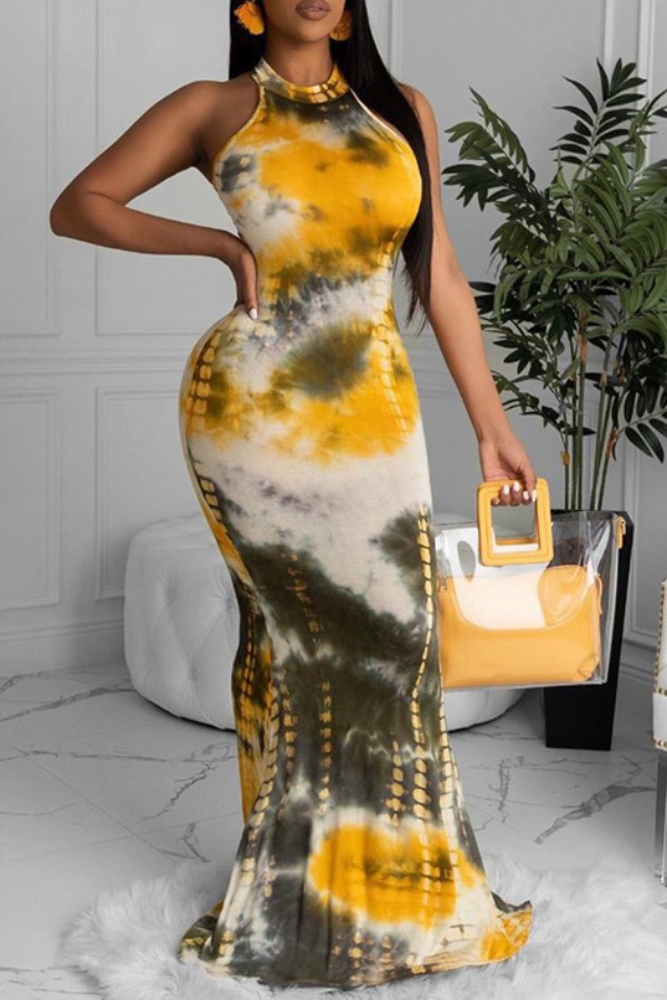 

lovely Bohemian Tie-dye Yellow Maxi Dress