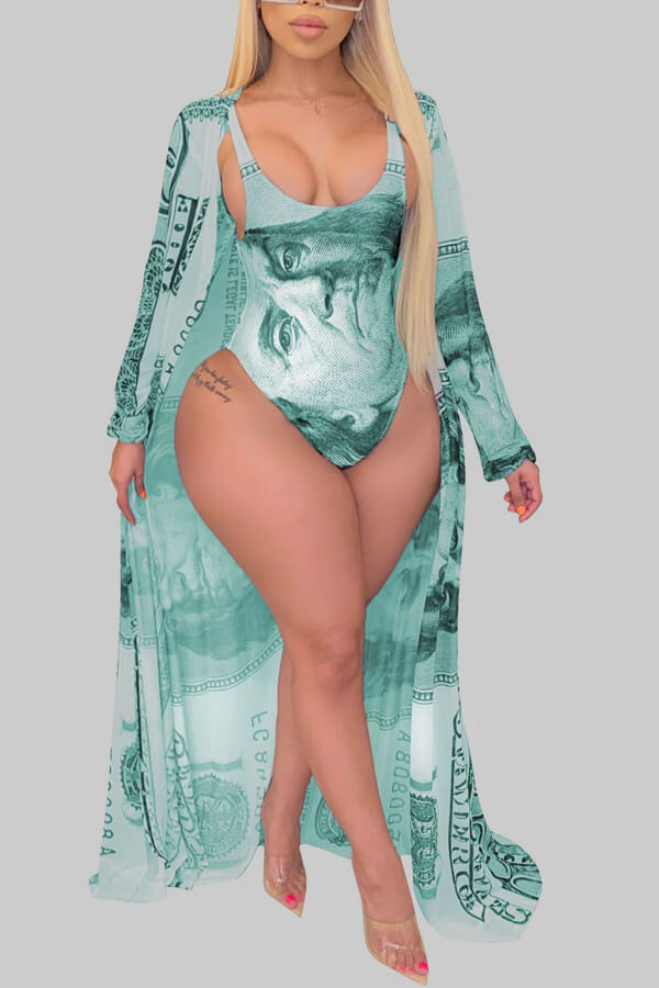 

Lovely Plus Size Print Cyan One-piece Swimsuit(With Cover-up)