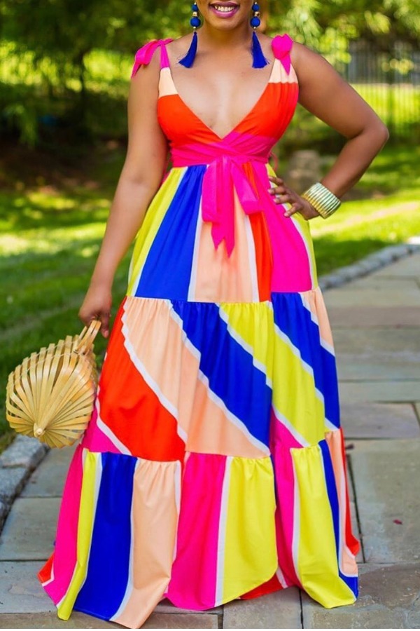 

lovely Bohemian Color-lump Patchwork Multicolor Maxi Dress, Multi
