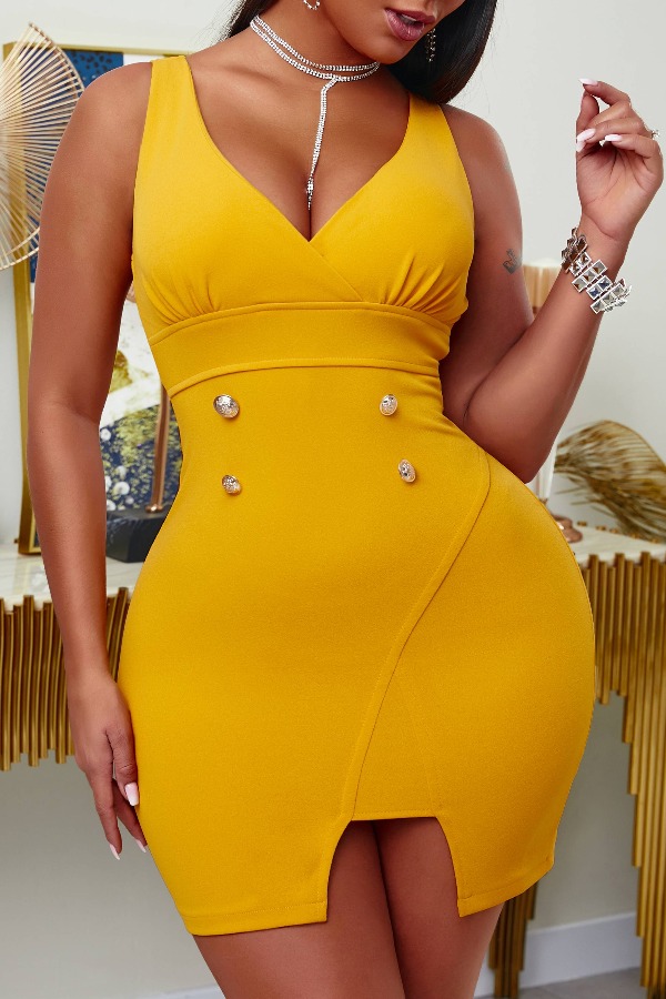 

lovely Sexy V Neck Buttons Decorative Yellow Mini Dress