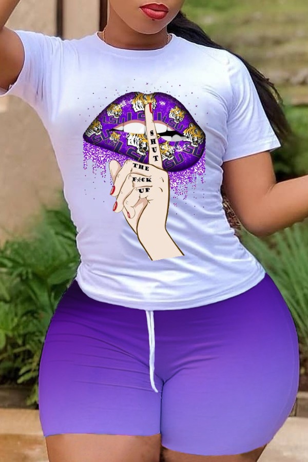 

Lovely O Neck Lip Print Purple Shorts Set