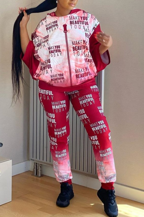 

lovely Casual Hooded Collar Letter Print Wine Red Two Piece Pants Set