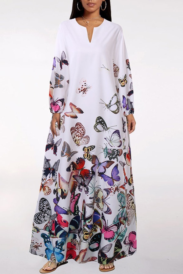 

lovely Casual V Neck Butterfly Print White Ankle Length Dress