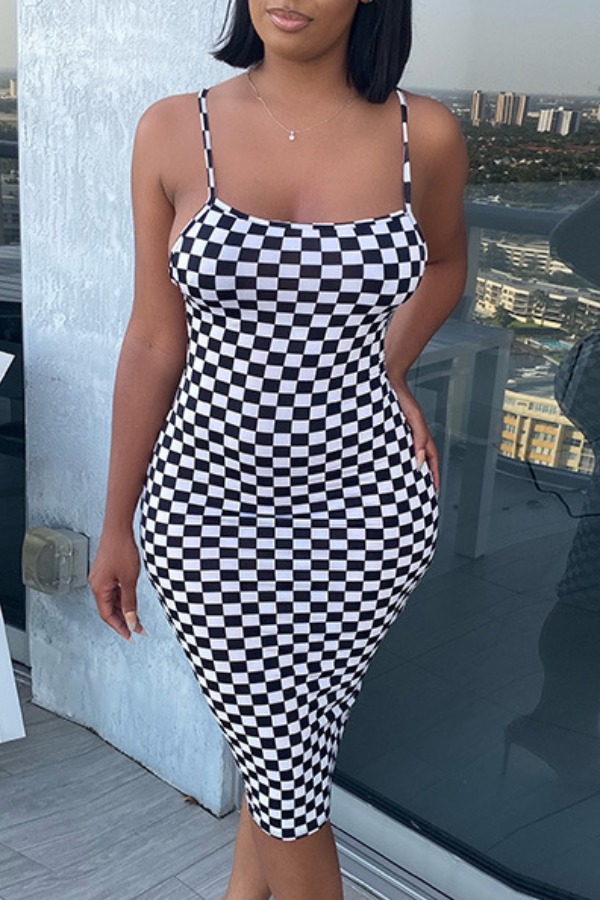 

lovely Sexy Grid Print Black Knee Length Dress