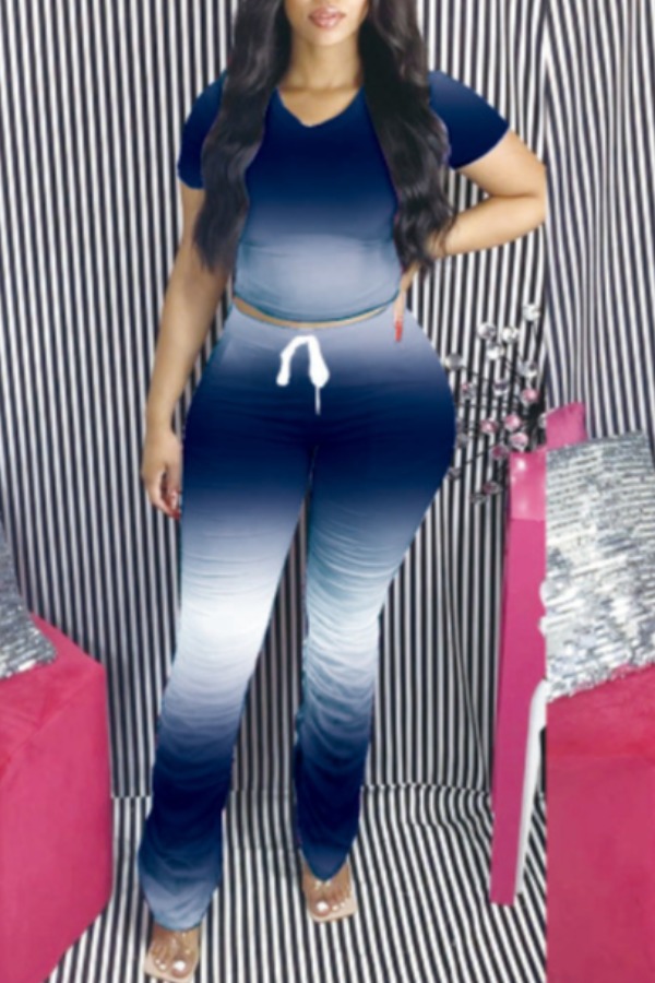 

lovely Casual Gradual Change Dark Blue Two Piece Pants Set