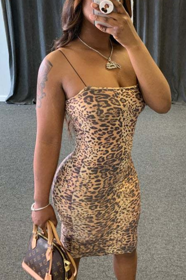 

lovely Sexy Print Brown Knee Length Dress