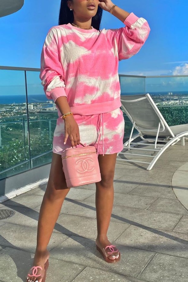 

lovely Leisure O Neck Tie Dye Pink Two Piece Shorts Set