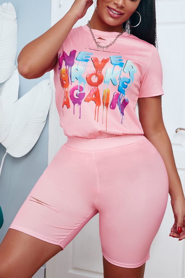 

lovely Leisure O Neck Letter Print Pink Two Piece Shorts Set