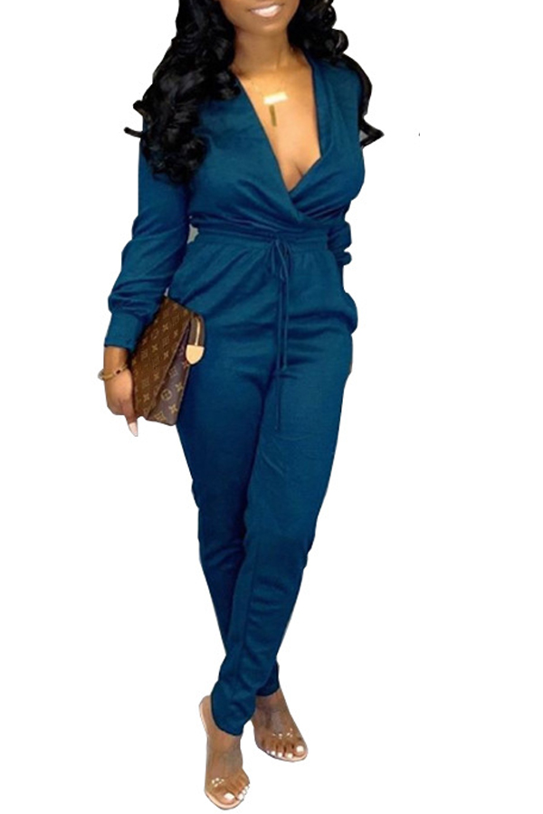 

lovely Stylish Deep V Neck Lace-up Blue One-piece Jumpsuit