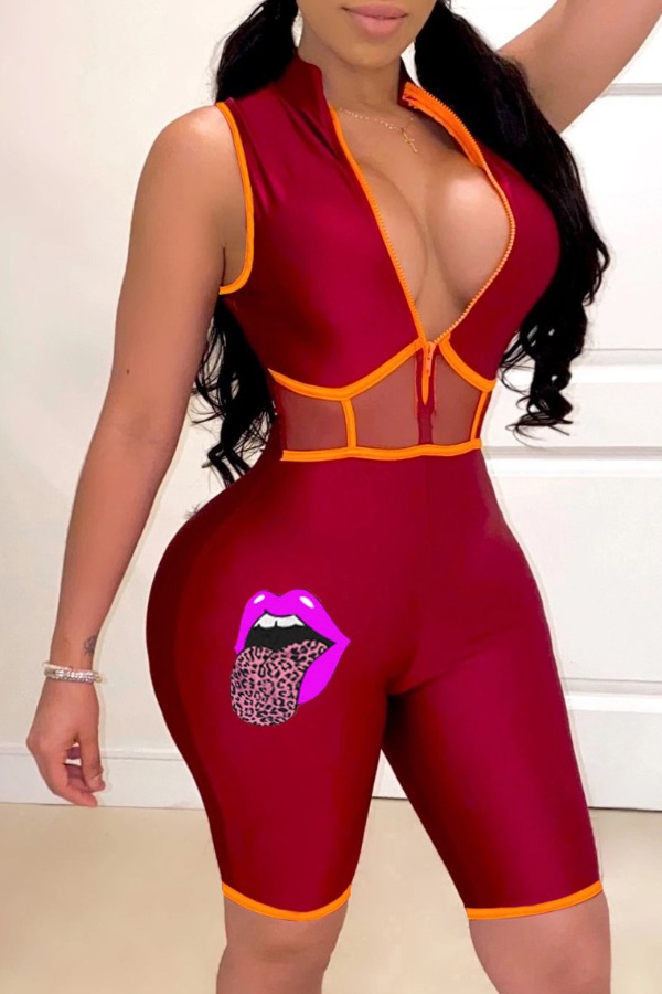 

lovely Sportswear Patchwork Wine Red One-piece Romper
