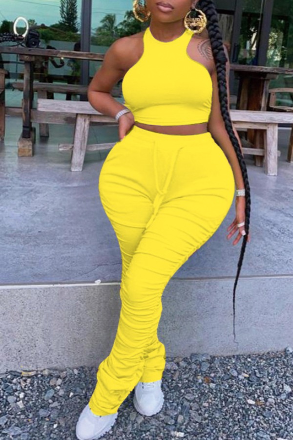 

Lovely Stylish Fold Design Yellow Plus Size Two-piece Pants Set