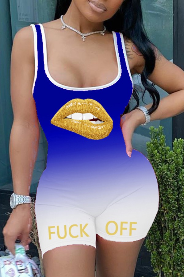 

lovely Sportswear Lip Print Blue One-piece Romper