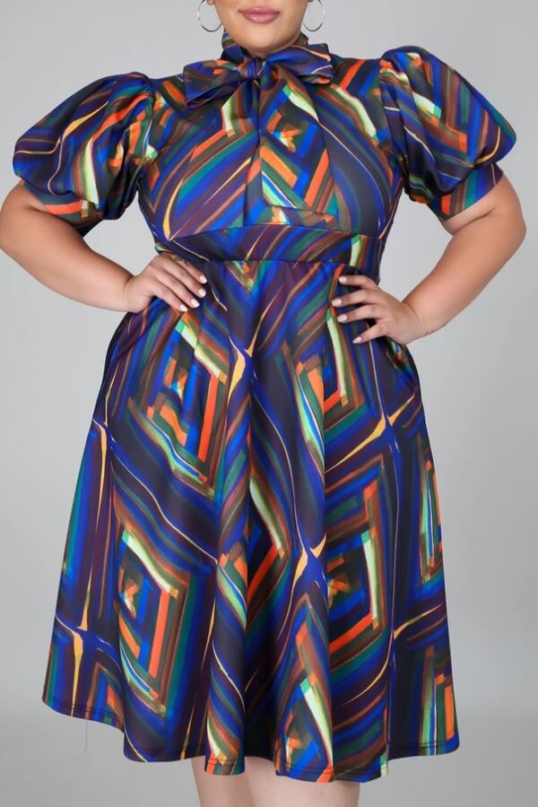 

Lovely Stylish Print Blue Knee Length Plus Size Dress