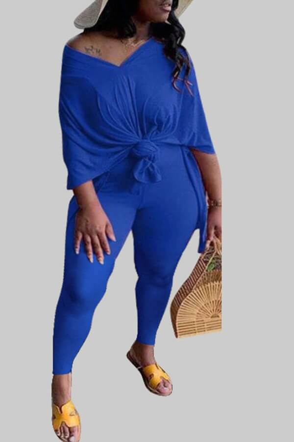

lovely Leisure V Neck Basic Blue Plus Size Two-piece Pants Set