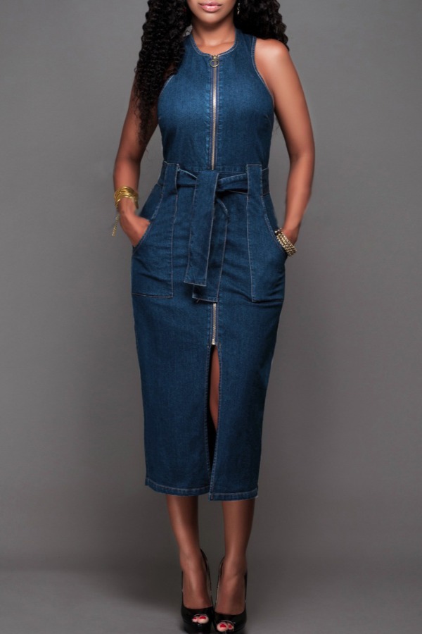 

lovely Stylish O Neck Zipper Design Blue Mid Calf Denim Dresses