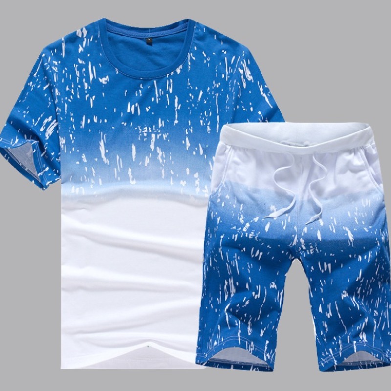 

Lovely Men Casual O Neck Print Skyblue Two-piece Shorts Set