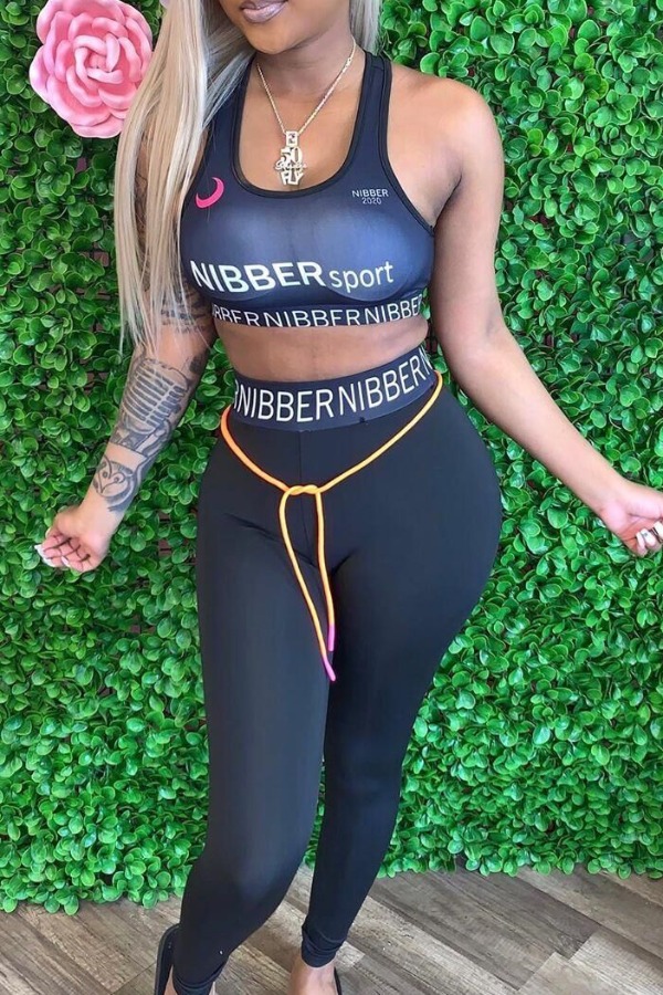 

lovely Sportswear Letter Print Deep Blue Two-piece Pants Set