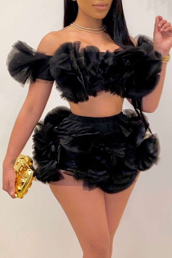 

lovely Stylish Dew Shoulder Patchwork Black Two Piece Shorts Set