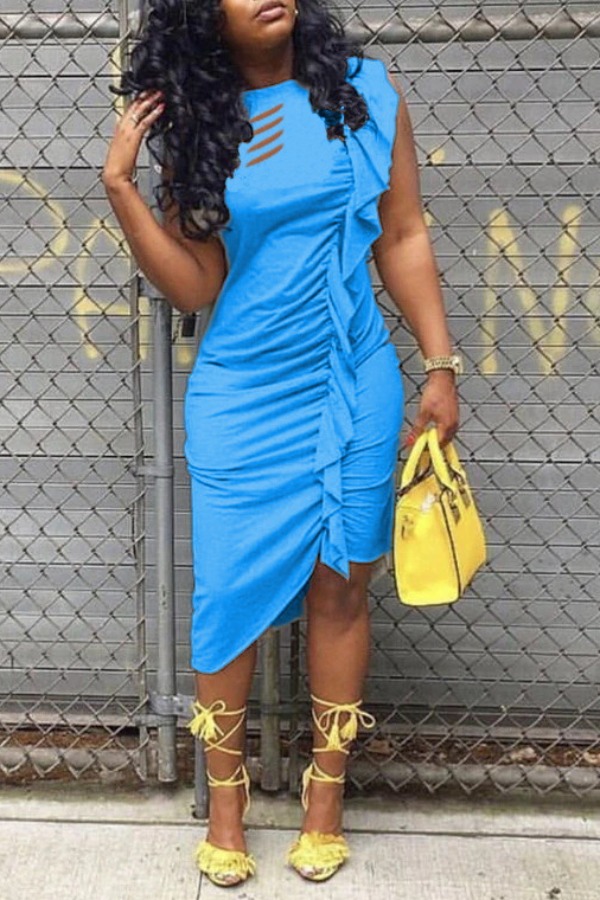 

LW Leisure Fold Design Asymmetrical Blue Mid Calf Dress