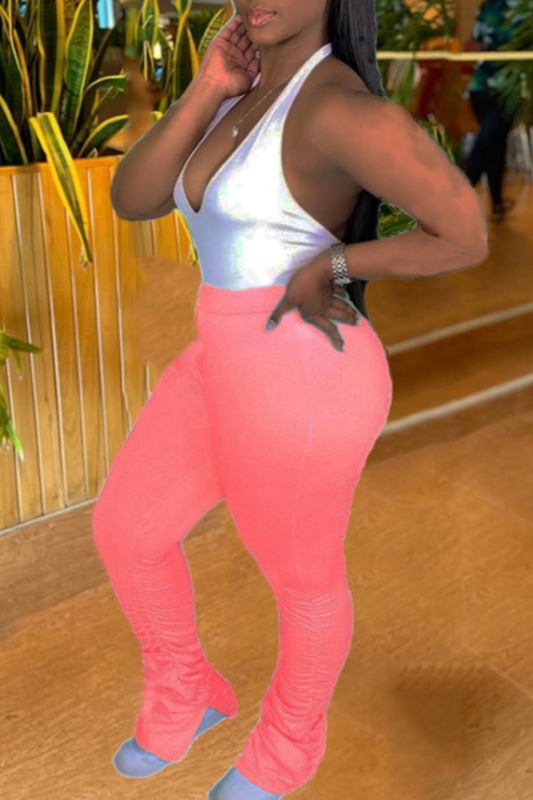 

lovely Sexy Deep V Neck Fold Design Pink Two Piece Pants Set