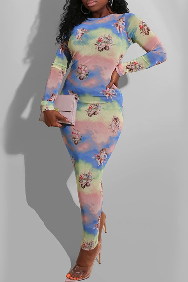 

lovely Casual O Neck Print Baby Blue Ankle Length Dress