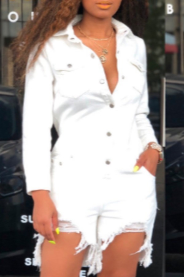

lovely Stylish Buttons Design Asymmetrical White Denim One-piece Romper