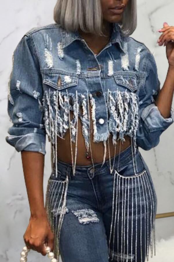

Lovely Trendy Tassel Design Blue Denim Jacket