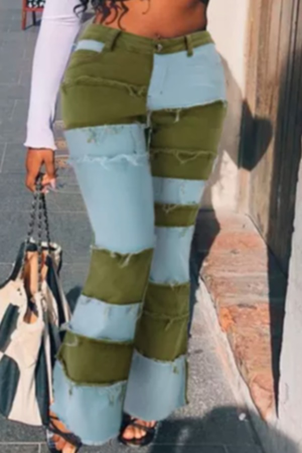 

lovely Stylish Patchwork Green Jeans