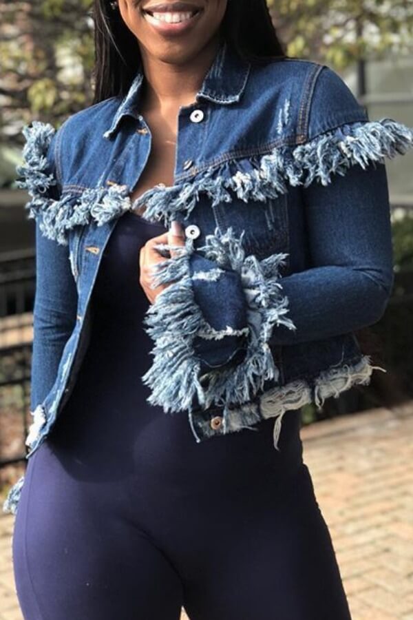 

Lovely Stylish Tassel Design Deep Blue Denim Jacket