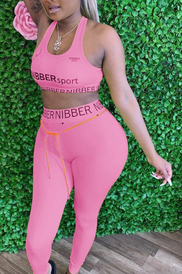 

lovely Sportswear Letter Pink Plus Size Two-piece Pants Set