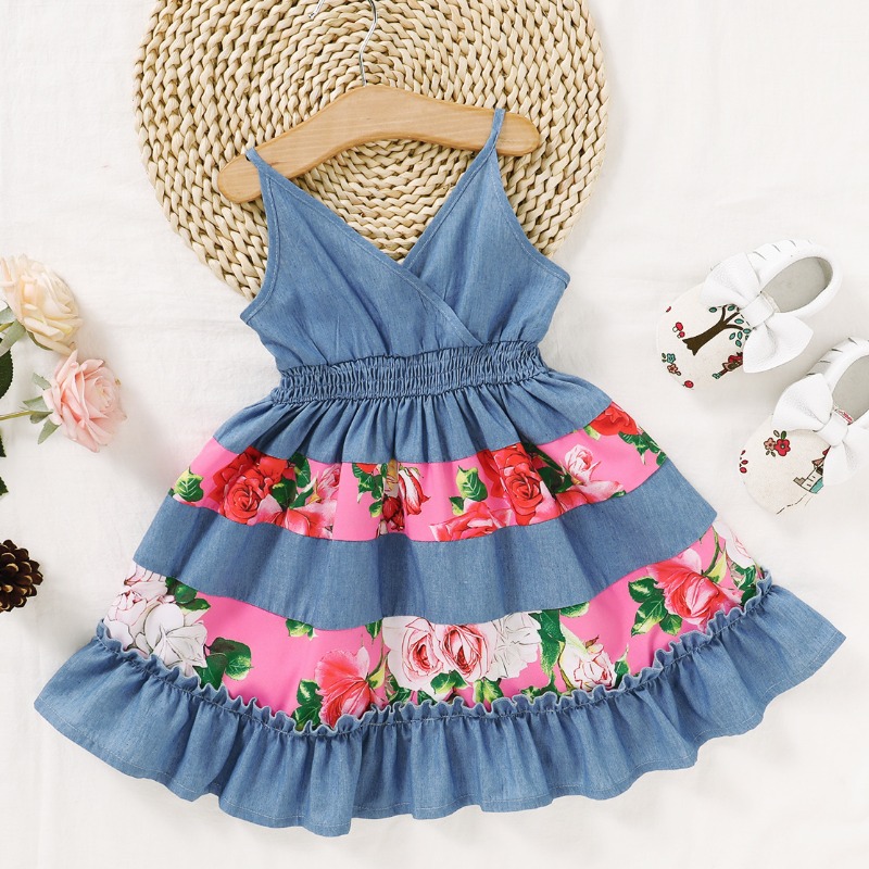 

lovely Trendy Print Patchwork Blue Girl Knee Length Dress