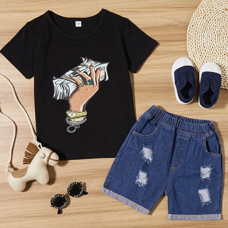 

lovely Leisure O Neck Print Black Girl Two-piece Shorts Set