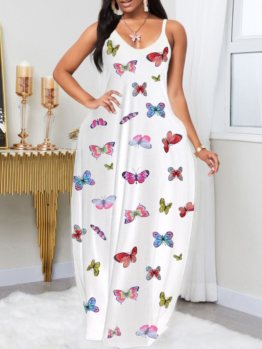 

lovely Casual Butterfly Print White Maxi Dress