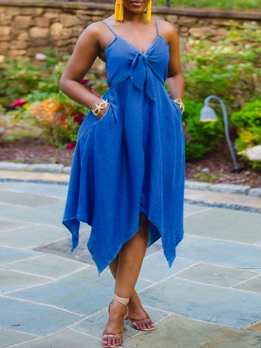

Lovely Sexy Knot Design Asymmetrical Blue Mid Calf Dress