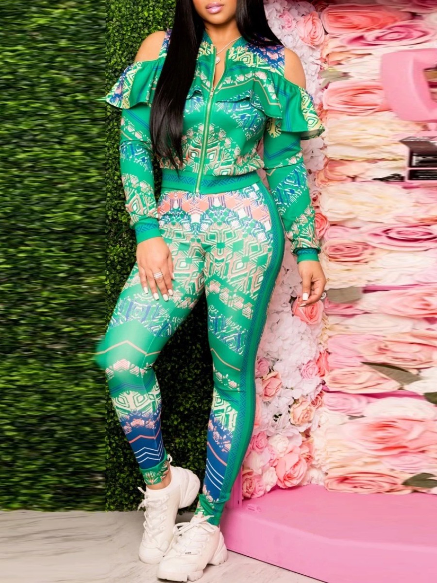 

lovely Trendy Print Hollow-out Green Two Piece Pants Set